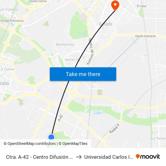 Ctra. A-42 - Centro Difusión Medioambiental to Universidad Carlos III De Madrid map