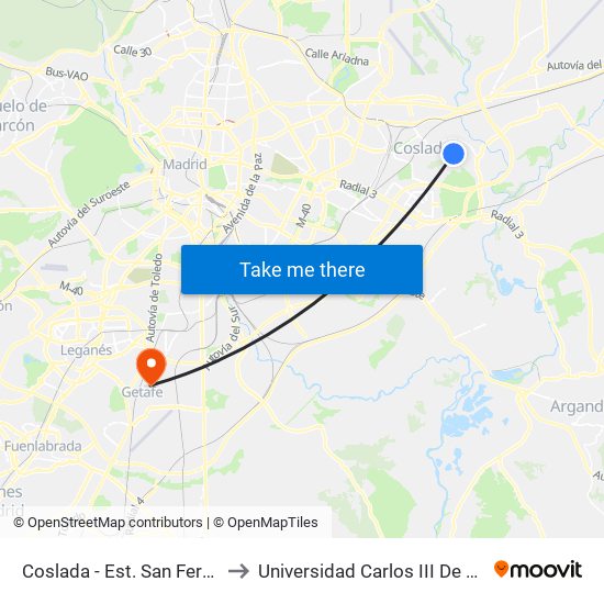 Coslada - Est. San Fernando to Universidad Carlos III De Madrid map