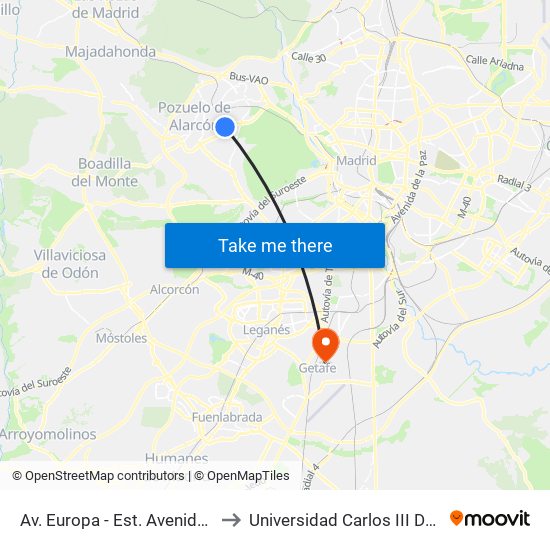 Av. Europa - Est. Avenida Europa to Universidad Carlos III De Madrid map