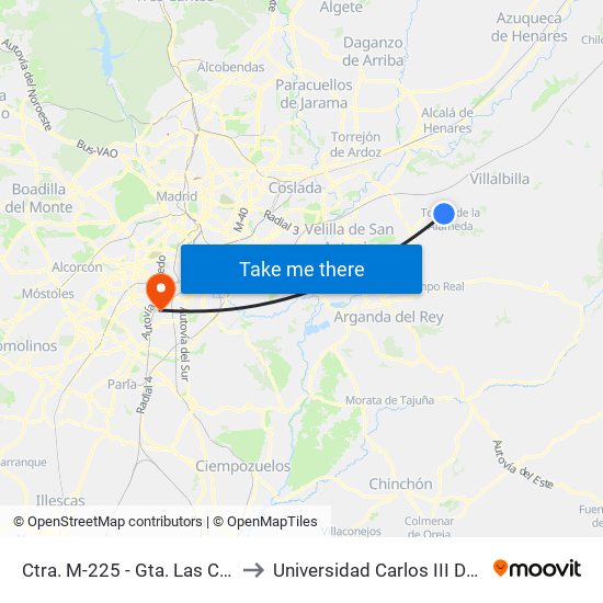 Ctra. M-225 - Gta. Las Conejeras to Universidad Carlos III De Madrid map