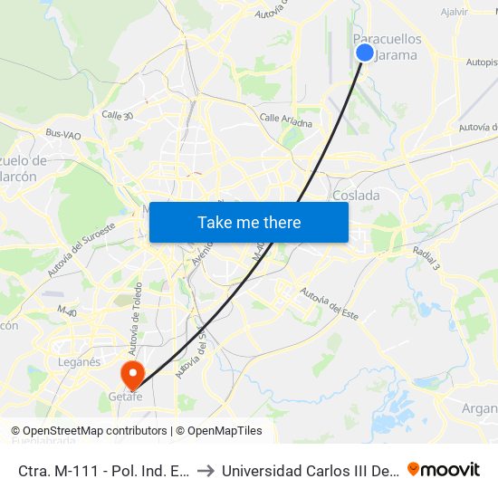 Ctra. M-111 - Pol. Ind. El Pulido to Universidad Carlos III De Madrid map