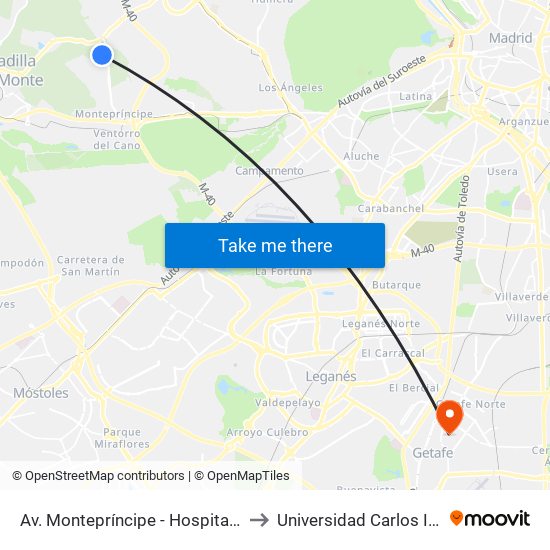 Av. Montepríncipe - Hospital Montepríncipe to Universidad Carlos III De Madrid map