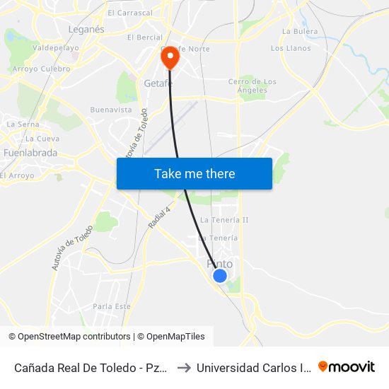Cañada Real De Toledo - Pza. Las Mercedes to Universidad Carlos III De Madrid map