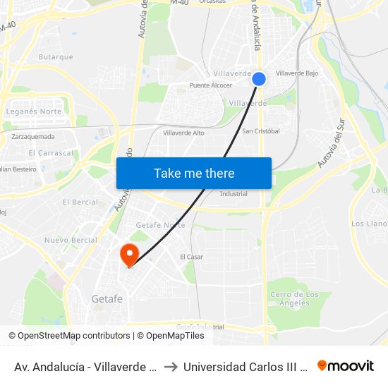 Av. Andalucía - Villaverde Bajo Cruce to Universidad Carlos III De Madrid map