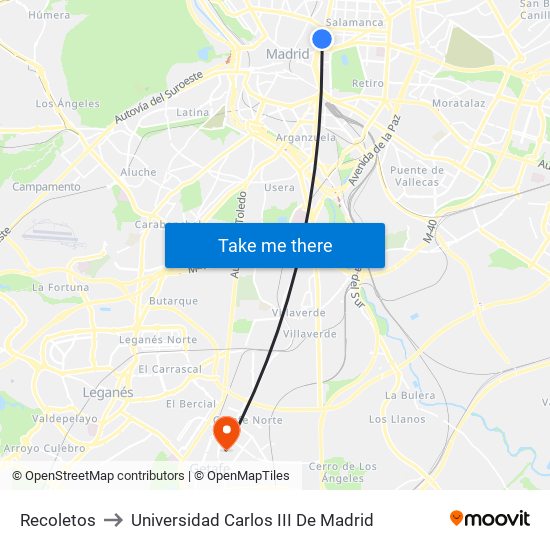 Recoletos to Universidad Carlos III De Madrid map