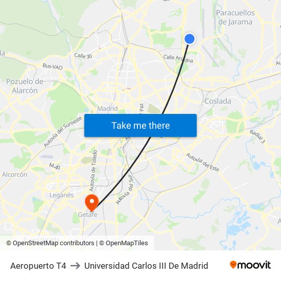 Aeropuerto T4 to Universidad Carlos III De Madrid map