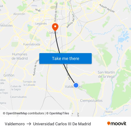 Valdemoro to Universidad Carlos III De Madrid map