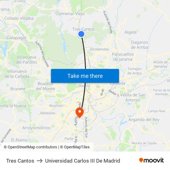 Tres Cantos to Universidad Carlos III De Madrid map