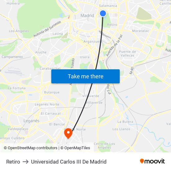 Retiro to Universidad Carlos III De Madrid map