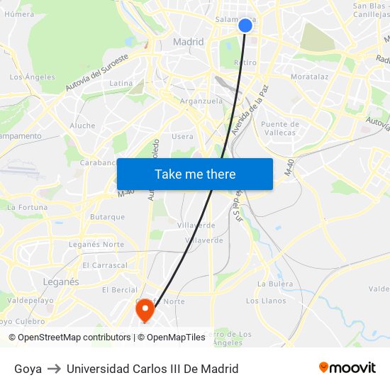 Goya to Universidad Carlos III De Madrid map