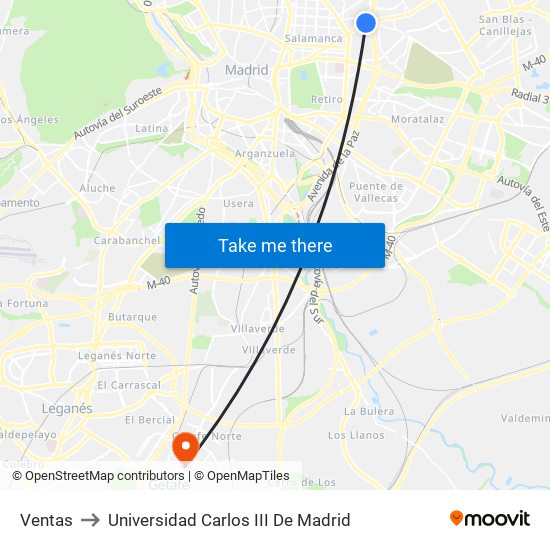 Ventas to Universidad Carlos III De Madrid map