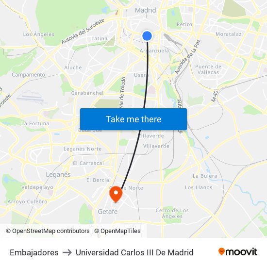 Embajadores to Universidad Carlos III De Madrid map