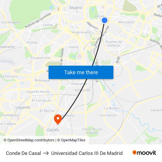 Conde De Casal to Universidad Carlos III De Madrid map