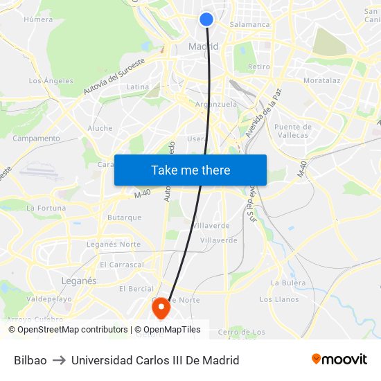 Bilbao to Universidad Carlos III De Madrid map