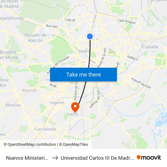 Nuevos Ministerios to Universidad Carlos III De Madrid map