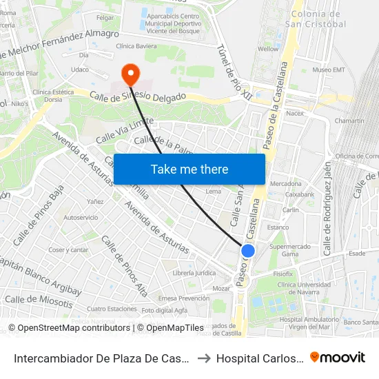 Intercambiador De Plaza De Castilla to Hospital Carlos III map