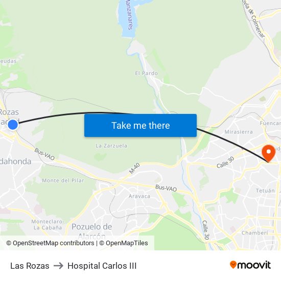 Las Rozas to Hospital Carlos III map