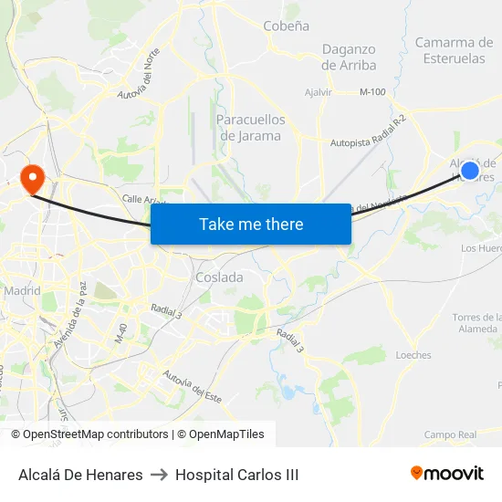 Alcalá De Henares to Hospital Carlos III map