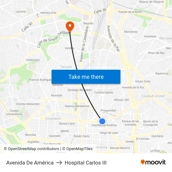 Avenida De América to Hospital Carlos III map