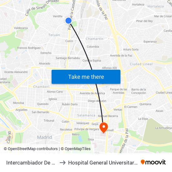 Intercambiador De Plaza De Castilla to Hospital General Universitario Gregorio Marañón. map