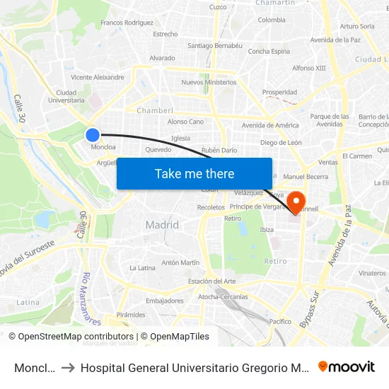 Moncloa to Hospital General Universitario Gregorio Marañón. map