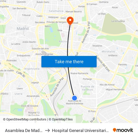 Asamblea De Madrid - Entrevías to Hospital General Universitario Gregorio Marañón. map
