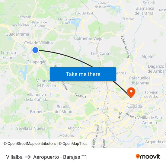 Villalba to Aeropuerto - Barajas T1 map