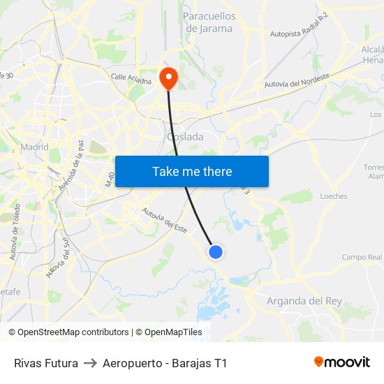 Rivas Futura to Aeropuerto - Barajas T1 map