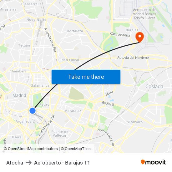 Atocha to Aeropuerto - Barajas T1 map