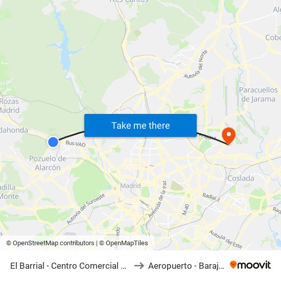 El Barrial - Centro Comercial Pozuelo to Aeropuerto - Barajas T1 map