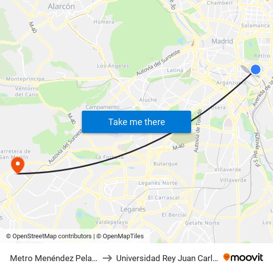 Metro Menéndez Pelayo to Universidad Rey Juan Carlos map