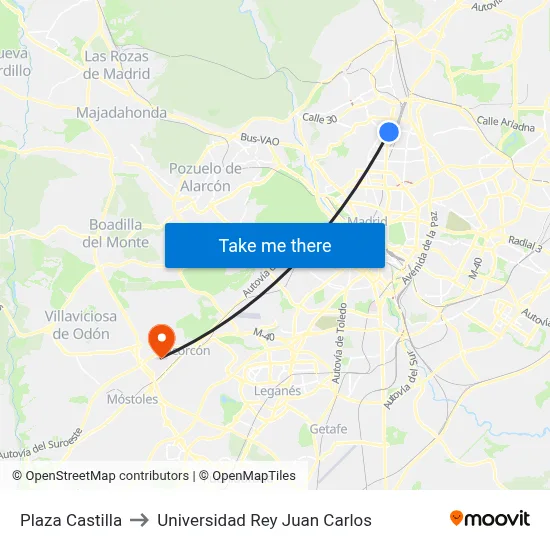 Plaza Castilla to Universidad Rey Juan Carlos map