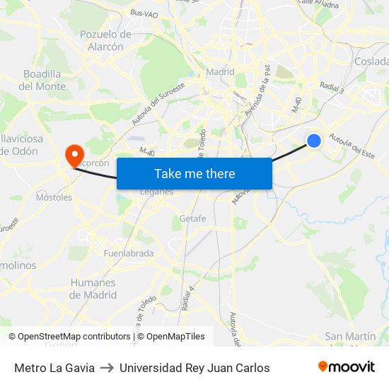 Metro La Gavia to Universidad Rey Juan Carlos map