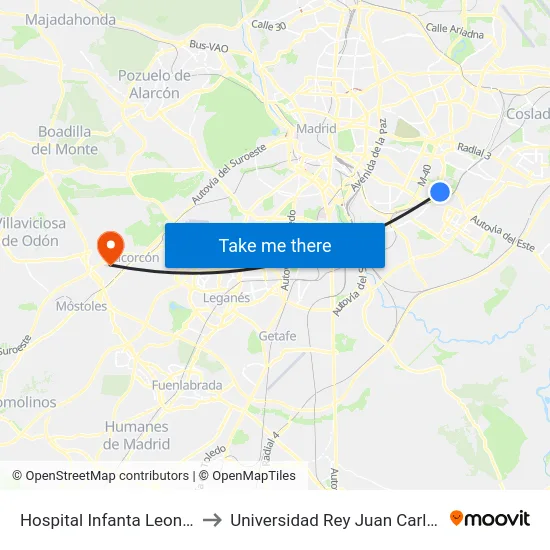Hospital Infanta Leonor to Universidad Rey Juan Carlos map