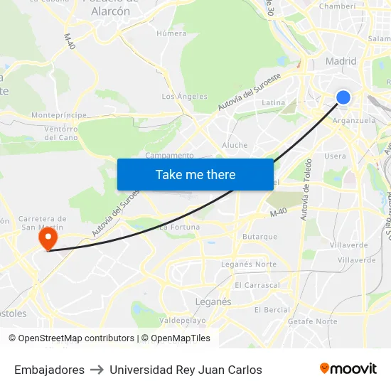 Embajadores to Universidad Rey Juan Carlos map