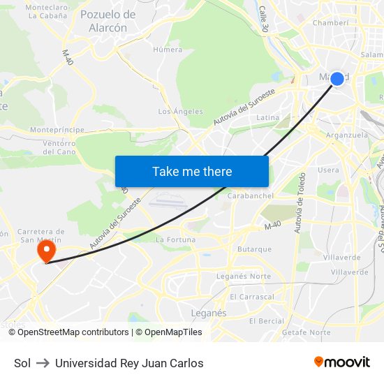 Sol to Universidad Rey Juan Carlos map