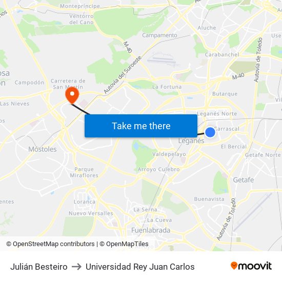 Julián Besteiro to Universidad Rey Juan Carlos map