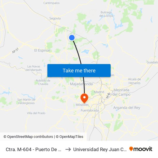 Ctra. M-604 - Puerto De Cotos to Universidad Rey Juan Carlos map