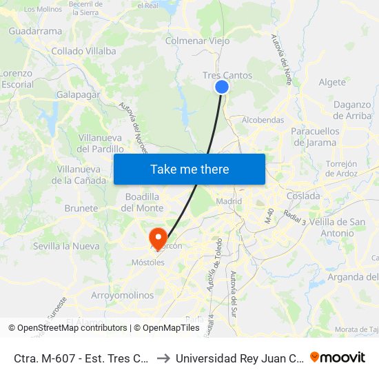 Ctra. M-607 - Est. Tres Cantos to Universidad Rey Juan Carlos map