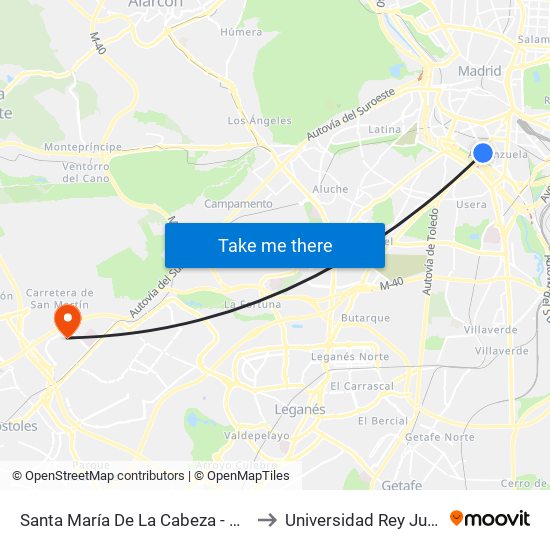 Santa María De La Cabeza - Puente Praga to Universidad Rey Juan Carlos map