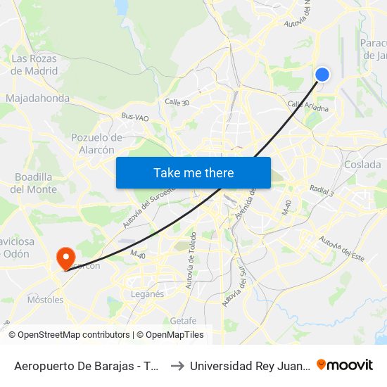 Aeropuerto De Barajas - T4, Madrid to Universidad Rey Juan Carlos map