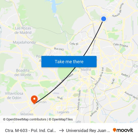 Ctra. M-603 - Pol. Ind. Calabozos to Universidad Rey Juan Carlos map