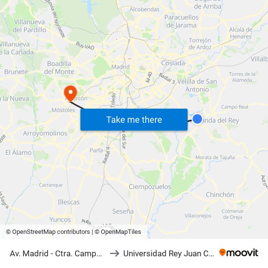 Av. Madrid - Ctra. Campo Real to Universidad Rey Juan Carlos map
