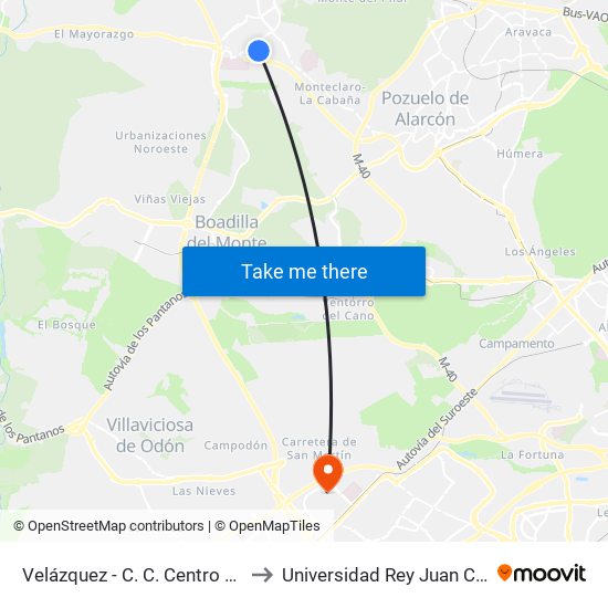 Velázquez - C. C. Centro Oeste to Universidad Rey Juan Carlos map