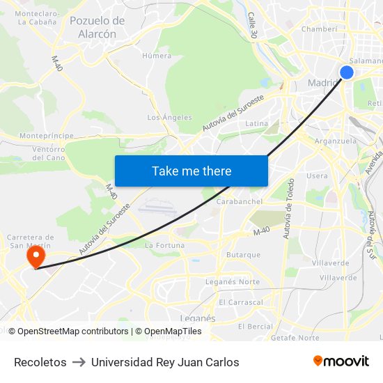 Recoletos to Universidad Rey Juan Carlos map