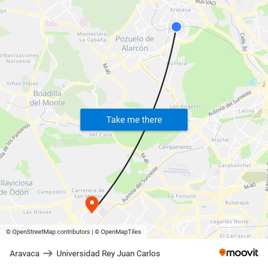 Aravaca to Universidad Rey Juan Carlos map