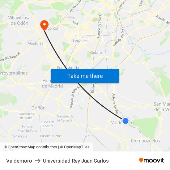 Valdemoro to Universidad Rey Juan Carlos map