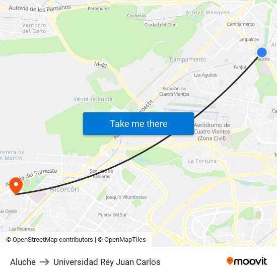 Aluche to Universidad Rey Juan Carlos map