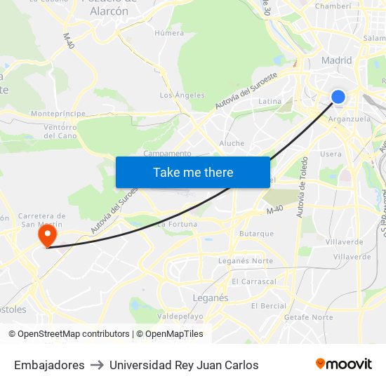 Embajadores to Universidad Rey Juan Carlos map
