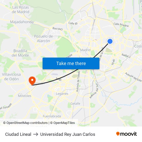 Ciudad Lineal to Universidad Rey Juan Carlos map